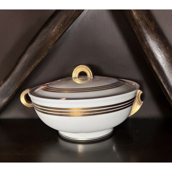 Covered White and Gold Accented Bowl w/ Handles By Jean Luce Paris France Vtg - Picture 1 of 11